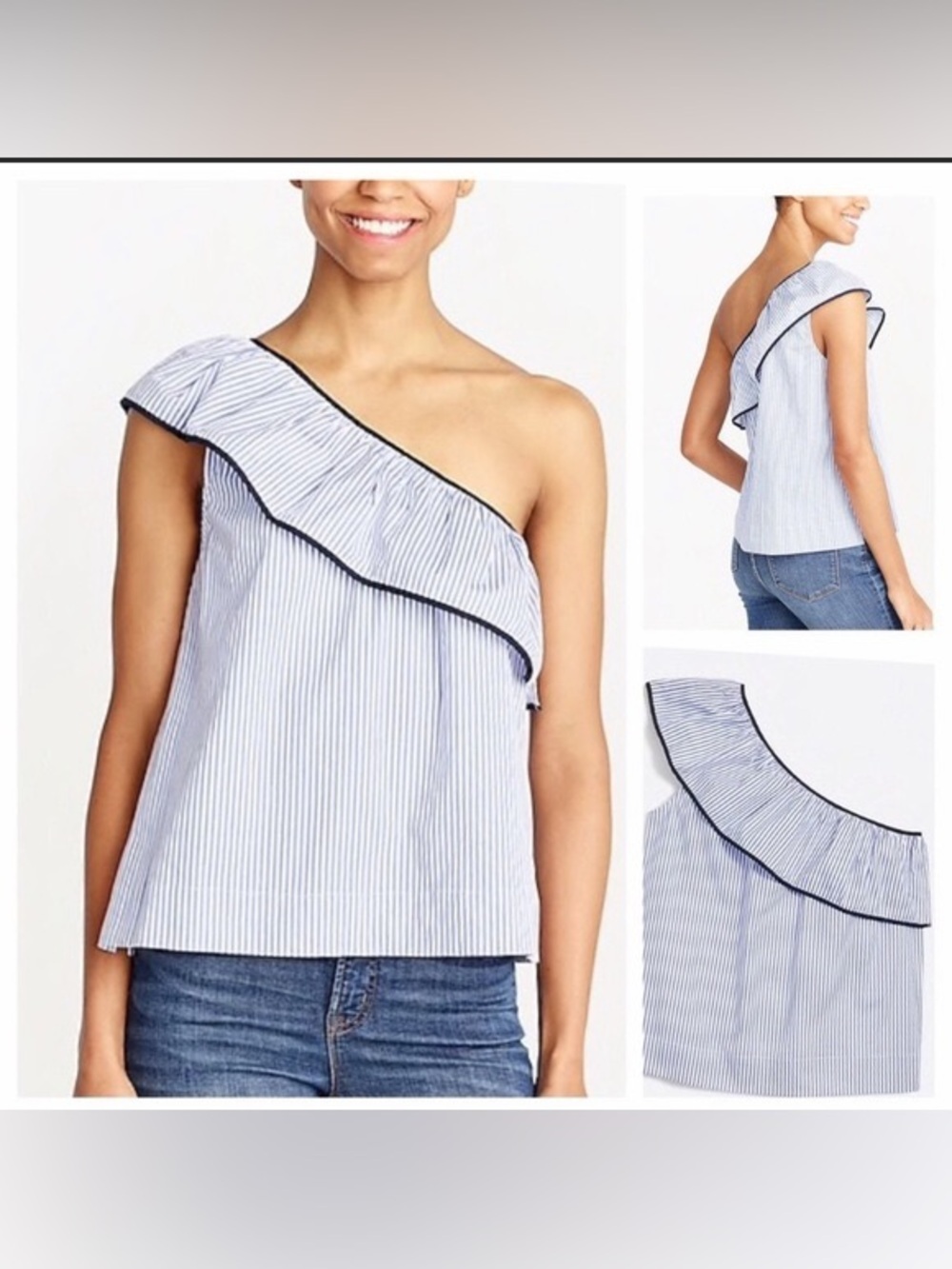 J. Crew Blue and White Striped Nautical One-Shoulder Ruffle Top Size 0